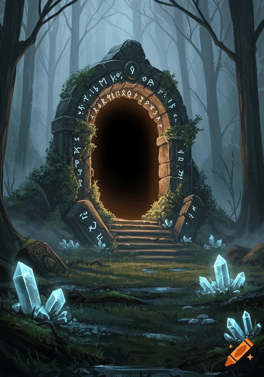 A stone archway, covered in glowing runes and ivy, acts as a mysterious portal in a dark, misty forest, with glowing crystals scattered around.