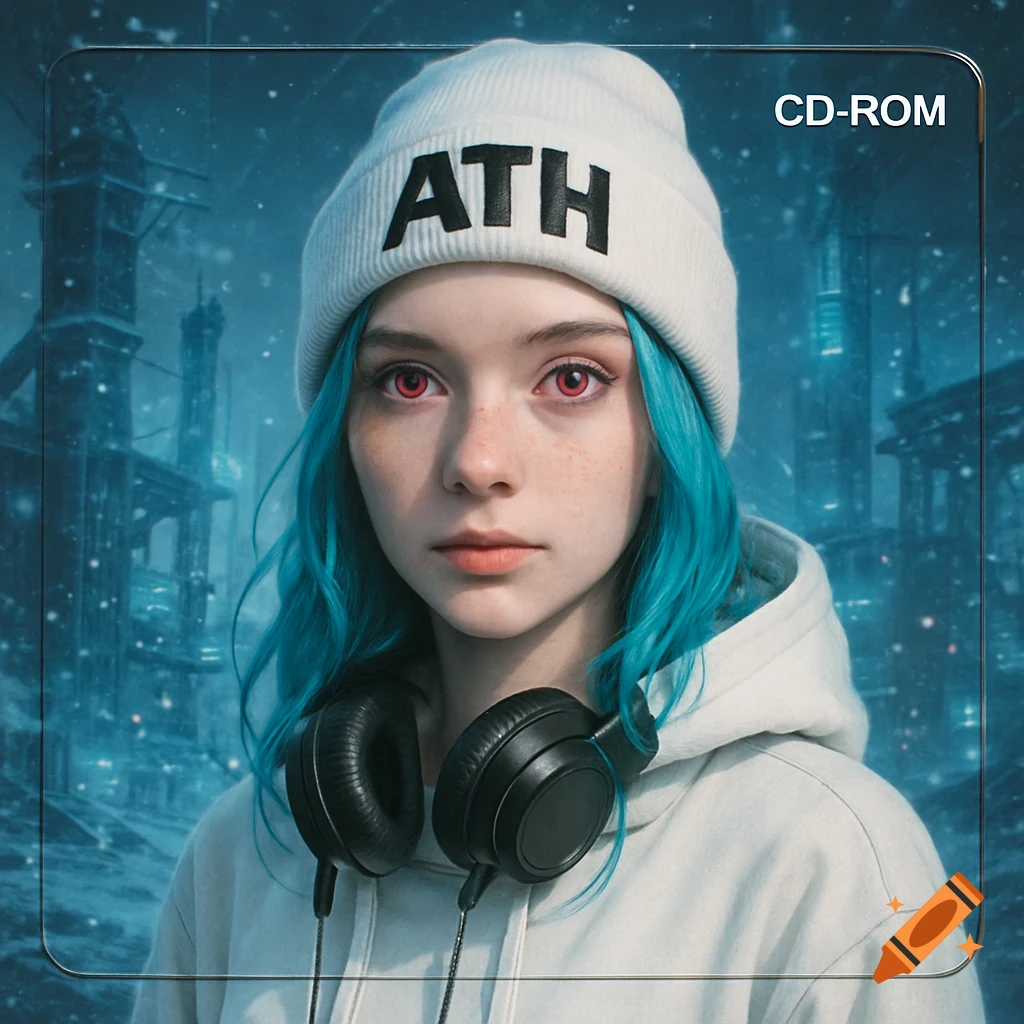 Photorealistic portrait of a girl with cyan hair, magenta eyes, white beanie, hoodie, and headphones in a snowy cybertech cityscape.