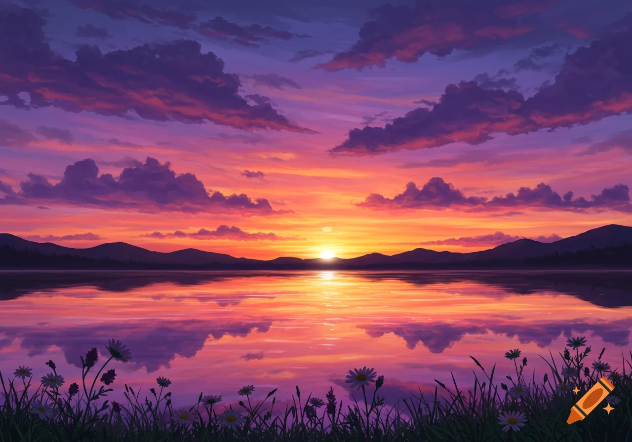 Vibrant digital art sunset over a lake with mountains, reflecting orange and purple skies, and flowers in the foreground.