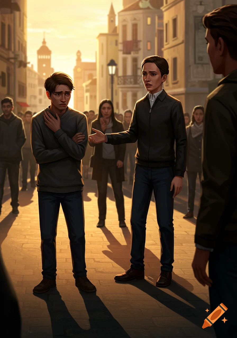 Two distressed men in a sunlit European city street, one comforting the other, with blurred figures in the background. Digital art.