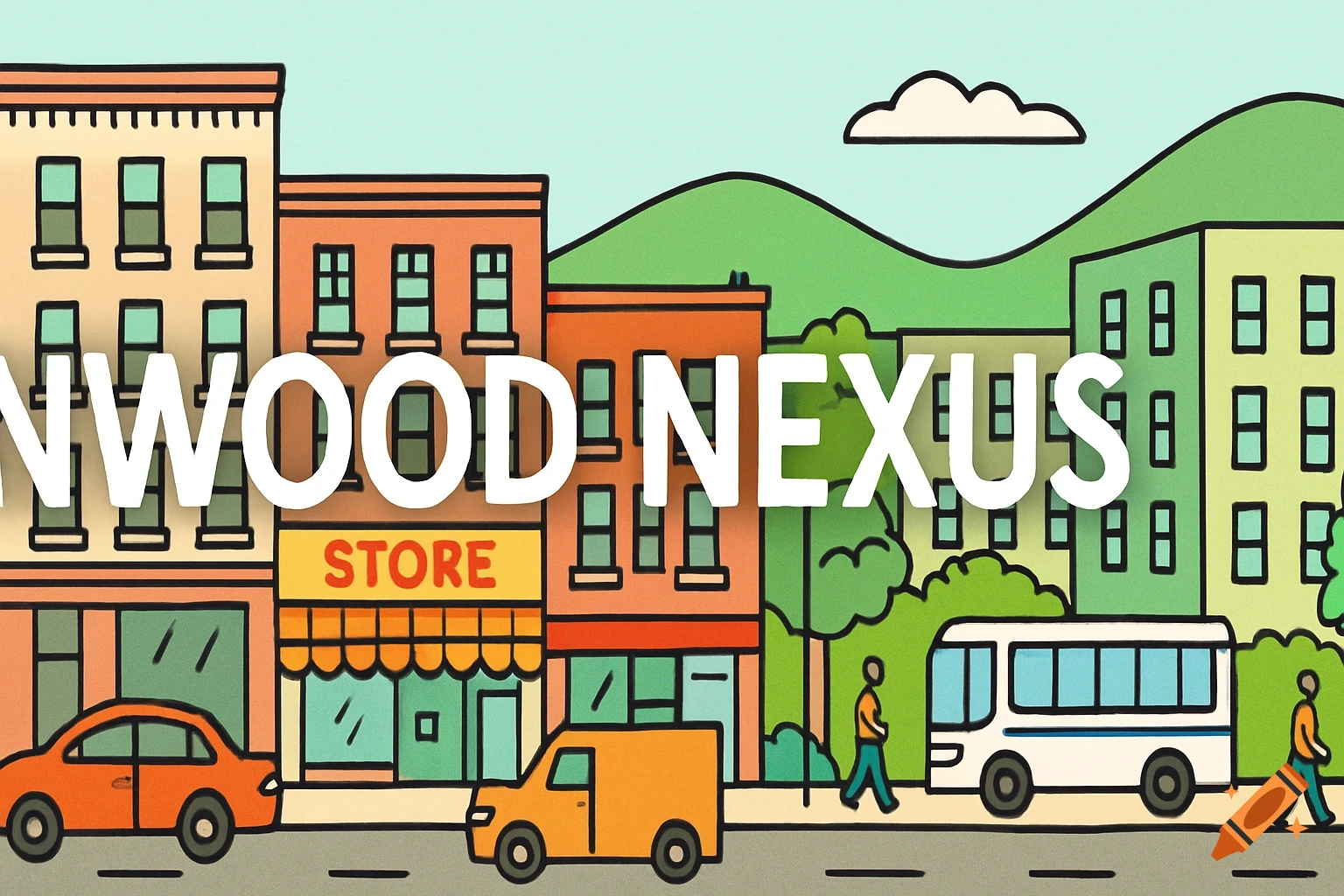 A colorful, simple line drawing illustration of a bustling city street with buildings, cars, a bus, people, and "INWOOD NEXUS" text superimposed.