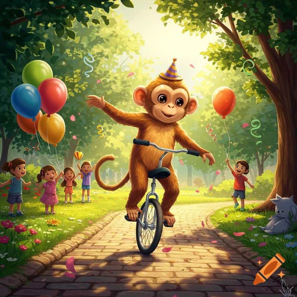 A cute cartoon monkey in a party hat rides a unicycle on a sunny park path, surrounded by balloons, confetti, and happy children.