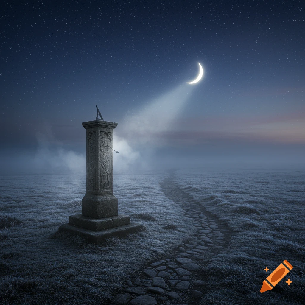 A glowing crescent moon illuminates a sundial monument and a cobblestone path in a frosty, misty field under a starry night sky.
