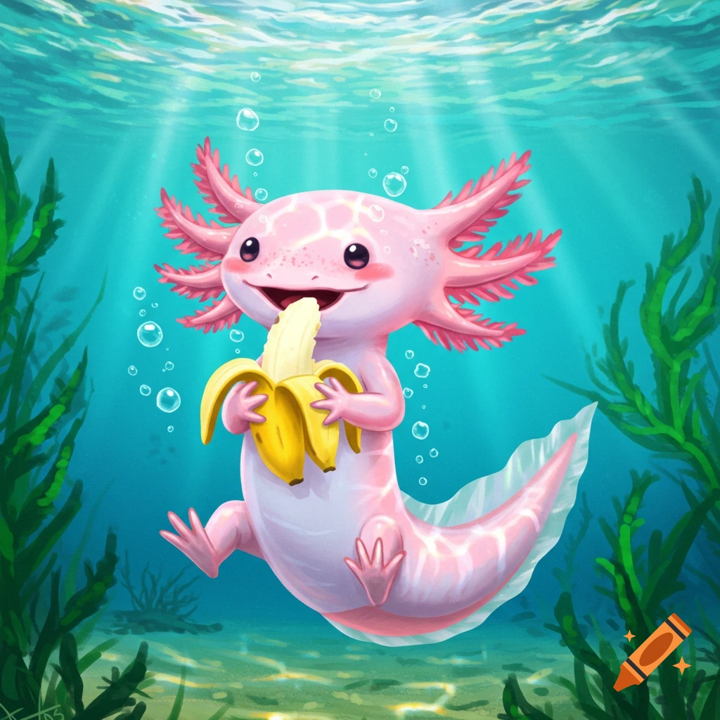A cute, pink axolotl happily eating a peeled banana underwater in a vibrant cartoon style.