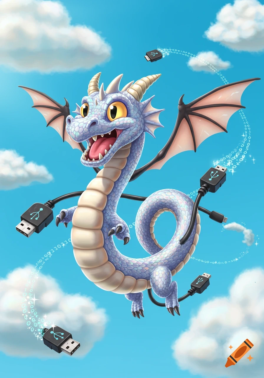 A cheerful light blue cartoon dragon with USB cables for limbs and tail flies in a bright blue sky with clouds, surrounded by binary data streams.