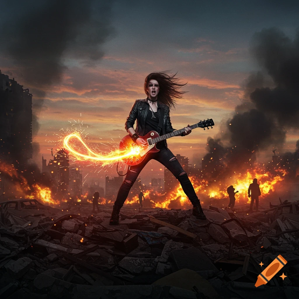 A dramatic photorealistic image of a woman playing an electric guitar with glowing sparks, standing on debris in a fiery, apocalyptic cityscape at dusk.