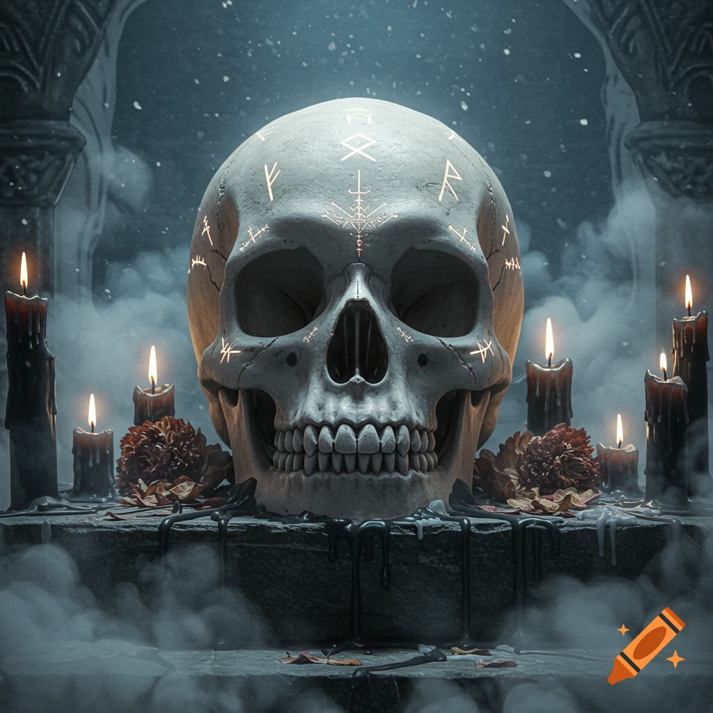 A detailed, realistic render of a skull etched with glowing runes, surrounded by lit black candles and dried red flowers, enveloped in a swirling mist against a dark background.