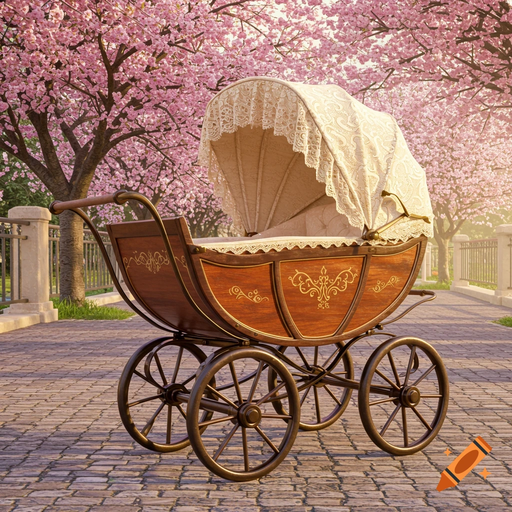 A vintage wooden baby carriage with a lace canopy sits on a cobblestone path surrounded by pink cherry blossom trees.