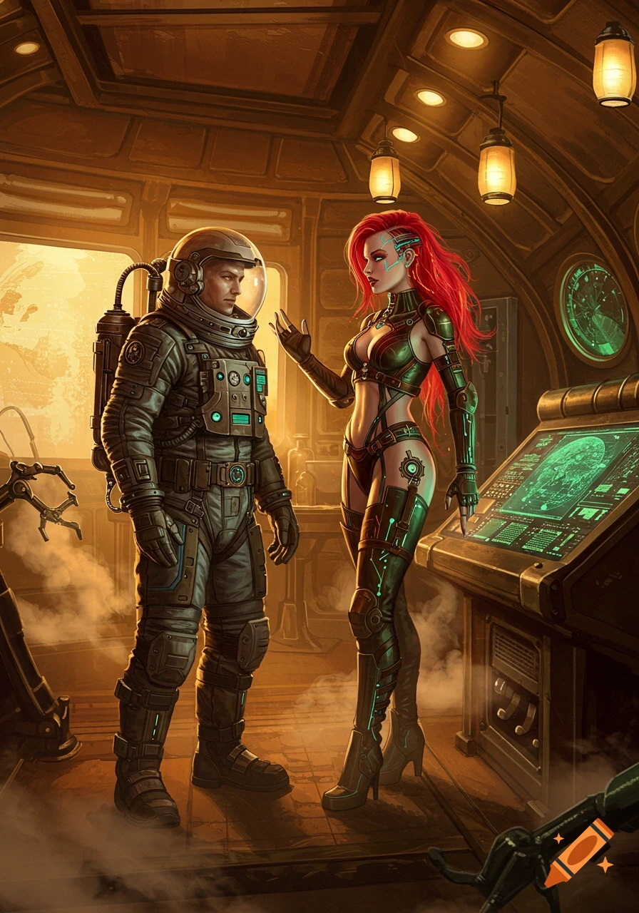 A detailed illustration of a spaceman conversing with a cyberpunk redhead in a steampunk spaceship.