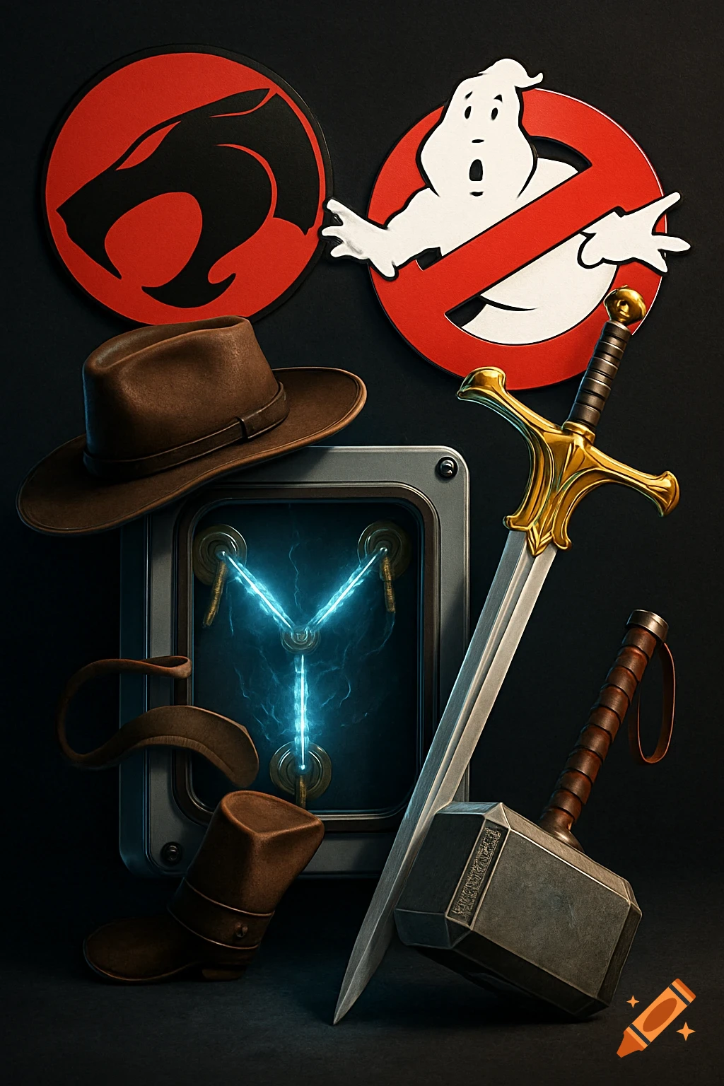 A collection of pop culture items including the Thundercats and Ghostbusters logos, a fedora, a flux capacitor, a fantasy sword, and Thor's hammer on a dark background.