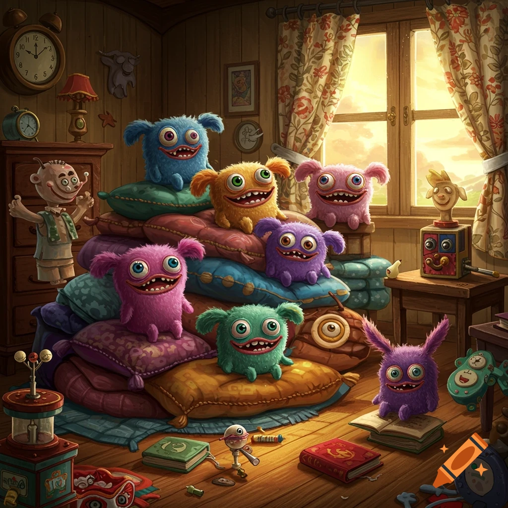 A pile of colorful, fuzzy, smiling monster toys with human-like teeth sitting on pillows in a sunlit child's room filled with toys.
