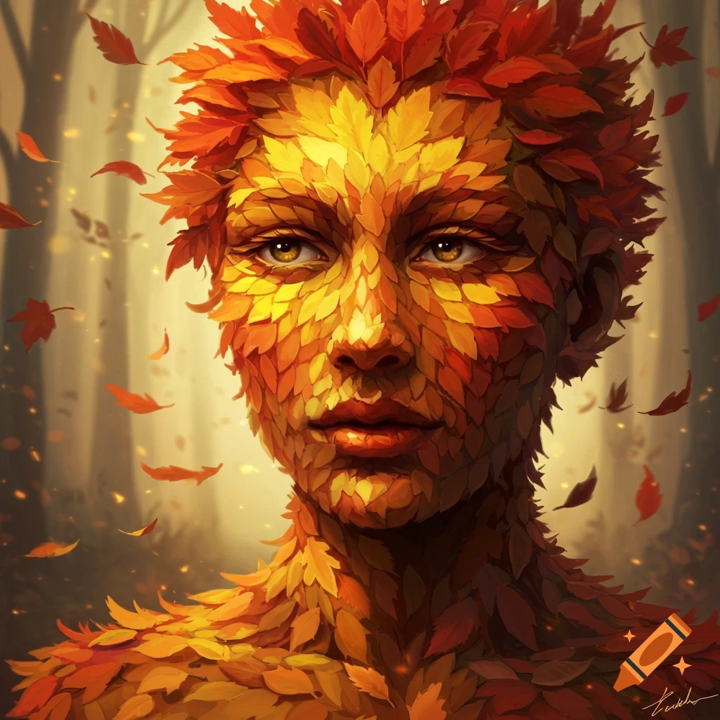 Close-up of a human-like face and upper body formed entirely from vibrant autumn leaves in a soft forest background.