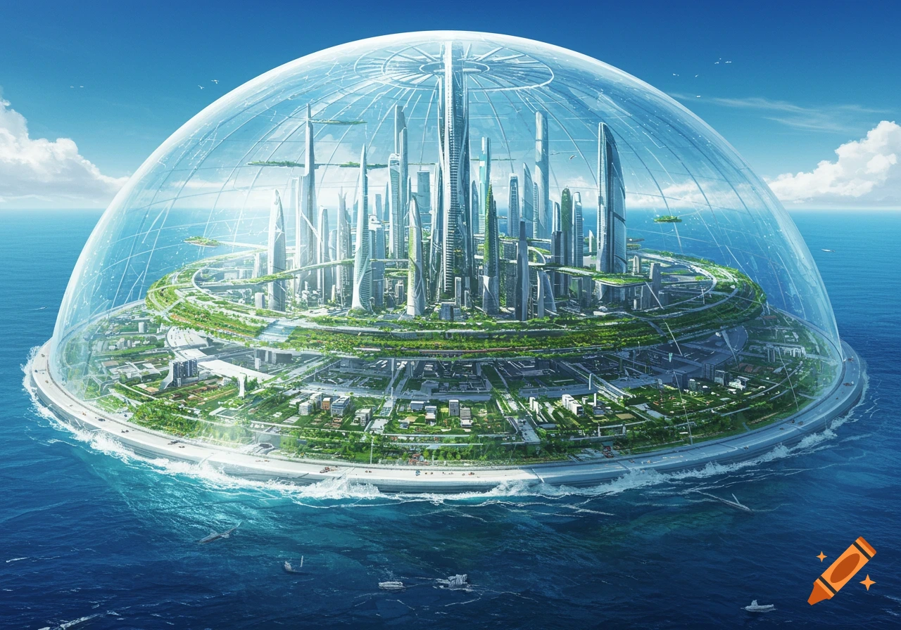 A stunning futuristic city with skyscrapers and green spaces under a clear glass dome in the middle of a vast ocean.