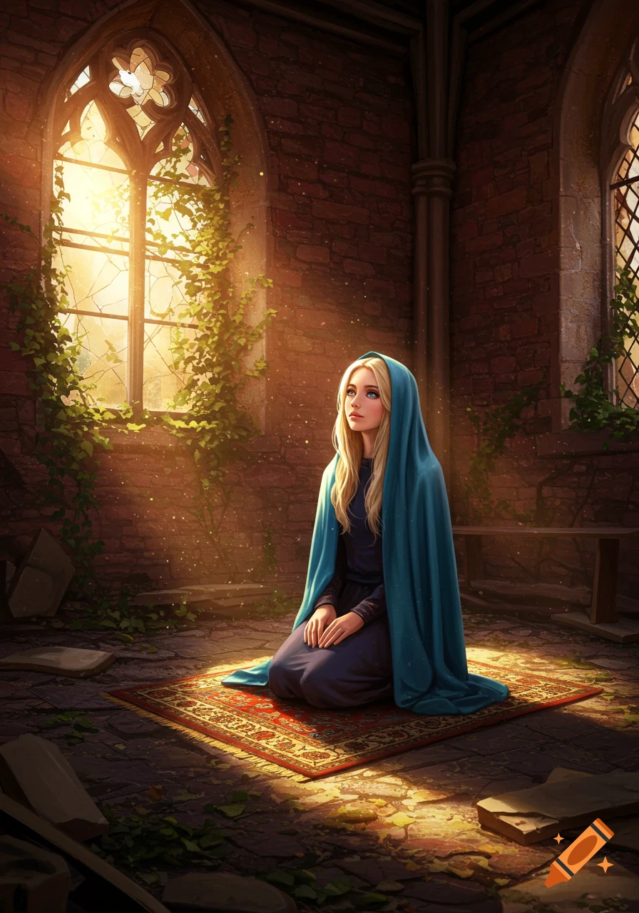 A blonde woman in a blue cloak kneels on a rug, praying in a sunlit, ruined Gothic chapel.