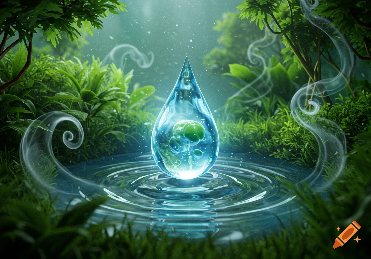 A glowing water droplet with green organic forms inside sits in a rippling pool, surrounded by lush green foliage and ethereal wisps in a fantasy forest.