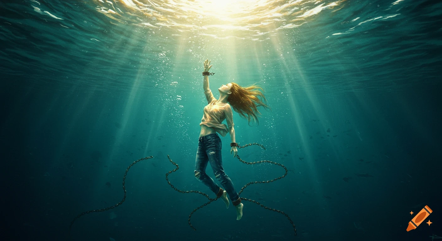 A woman floats underwater, reaching for surface light as chains break from her. Deep teal water, golden light. Realistic, hopeful image.
