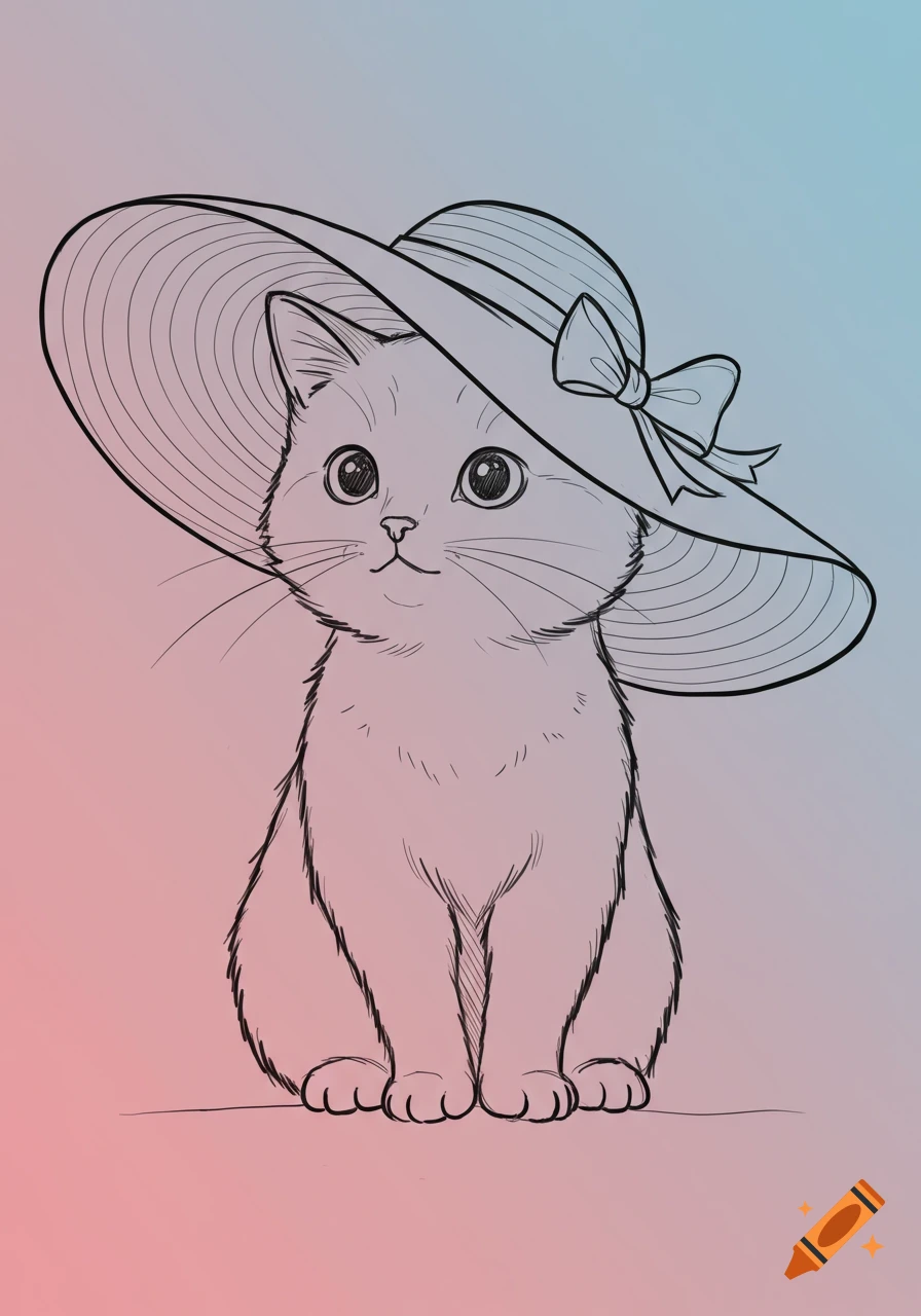 An outline drawing of a cute cat wearing a wide-brimmed hat with a bow, on a pink and blue gradient background.