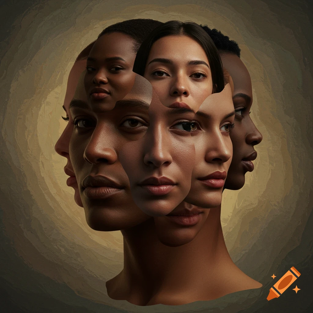 A composite image of multiple diverse faces, male and female, merging into a single abstract head against a textured background.