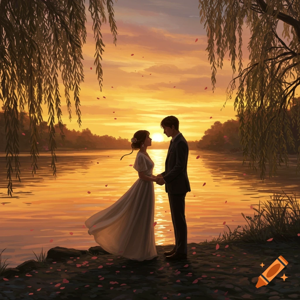 An illustrated romantic scene of a couple holding hands by a lake at sunset, framed by willow trees.