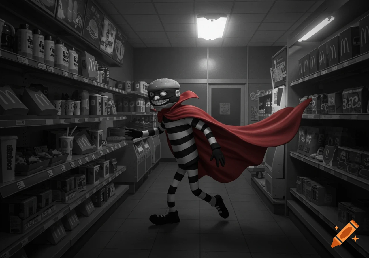 A grayscale image of the Hamburglar, a cartoon character in a striped outfit and red cape, walking through a dimly lit store aisle, with his hand reaching out towards items on the shelves. His cape dramatically flows behind him, adding a splash of red color to the otherwise monochrome scene. Packaging on shelves has distorted text.