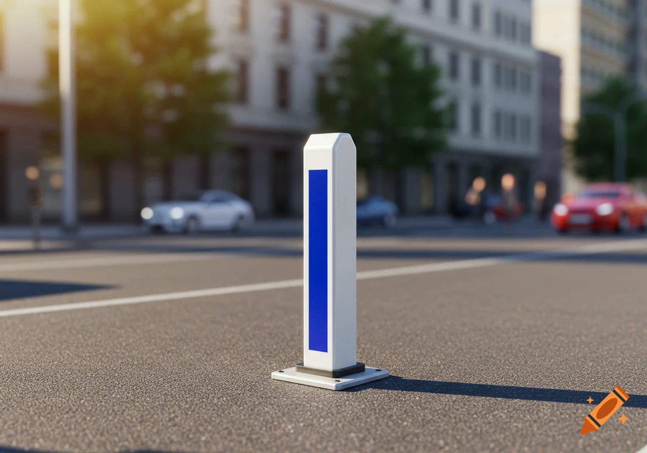 A white traffic pylon with a blue vertical stripe stands on an asphalt road in a city street with blurred cars and buildings.