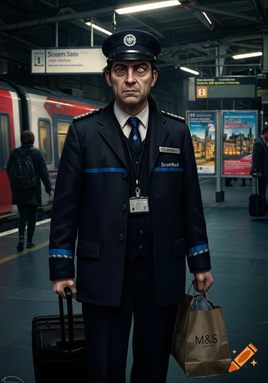 A photorealistic image of a ScotRail conductor with a ponytail and eyes looking in different directions, standing at a train station platform, holding an M&S bag and a suitcase.
