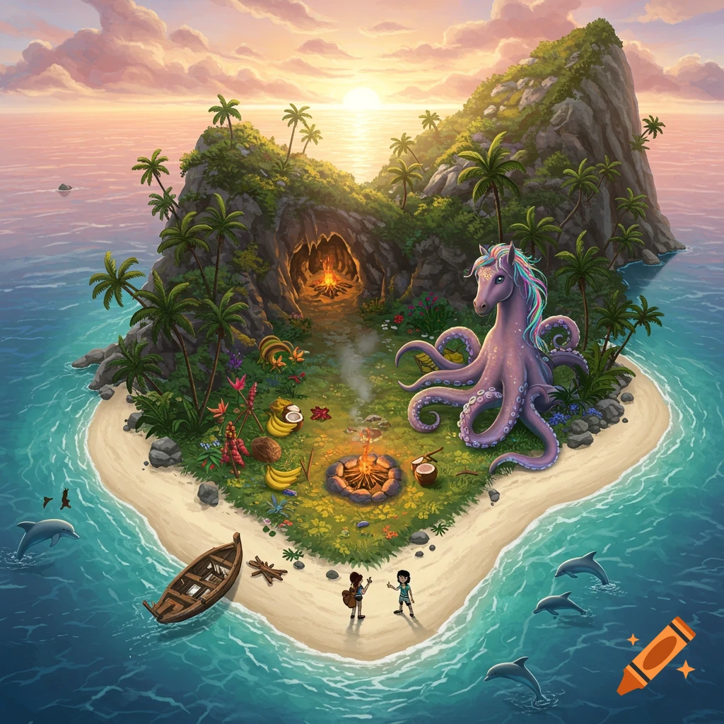 Illustrated heart-shaped tropical island from above with a purple unicorn-octopus, two people, campfire, cave, and dolphins at sunset.