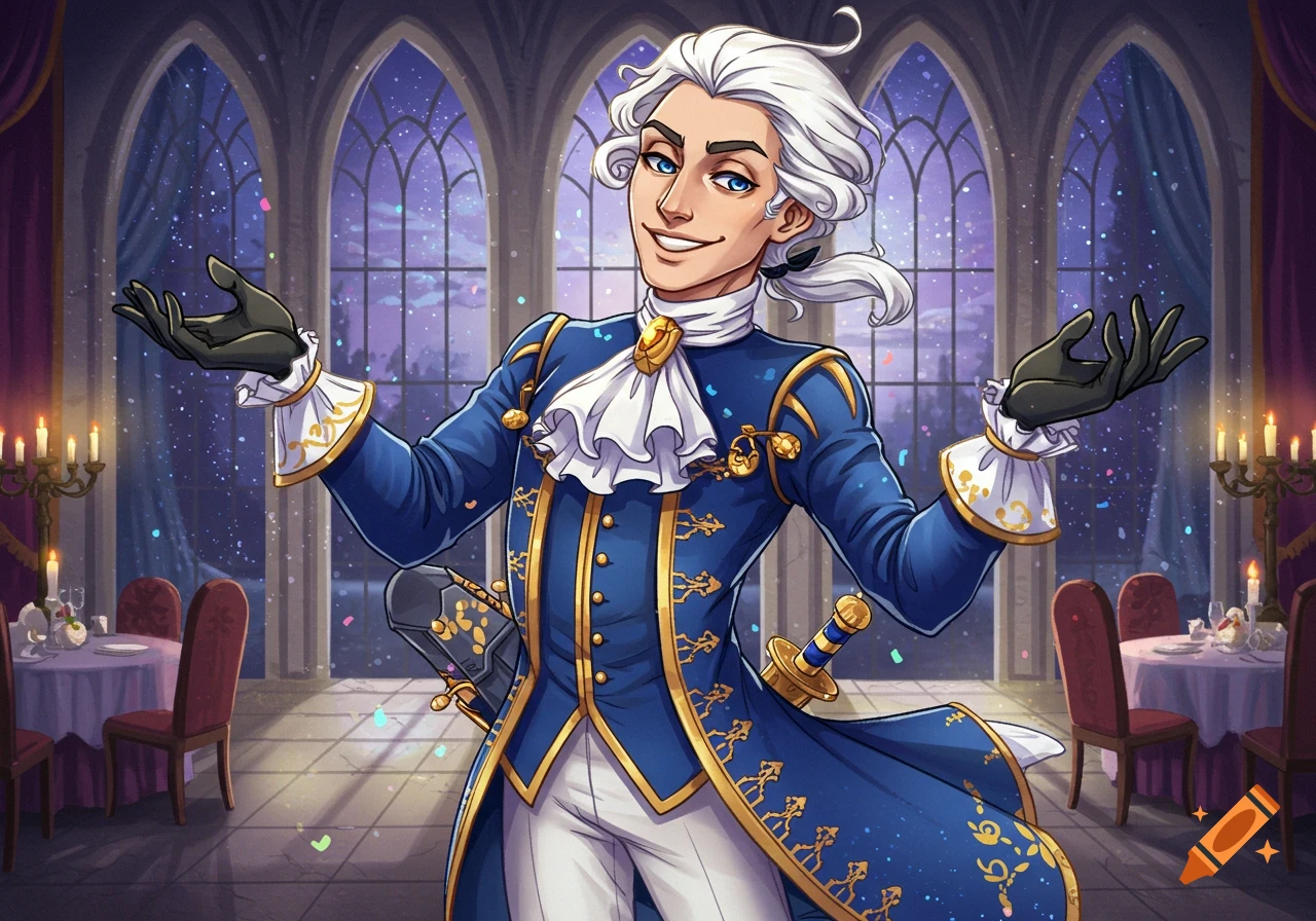 A smiling cartoon man in a blue and gold rococo-style suit and white wig gestures in a grand hall with starry windows.