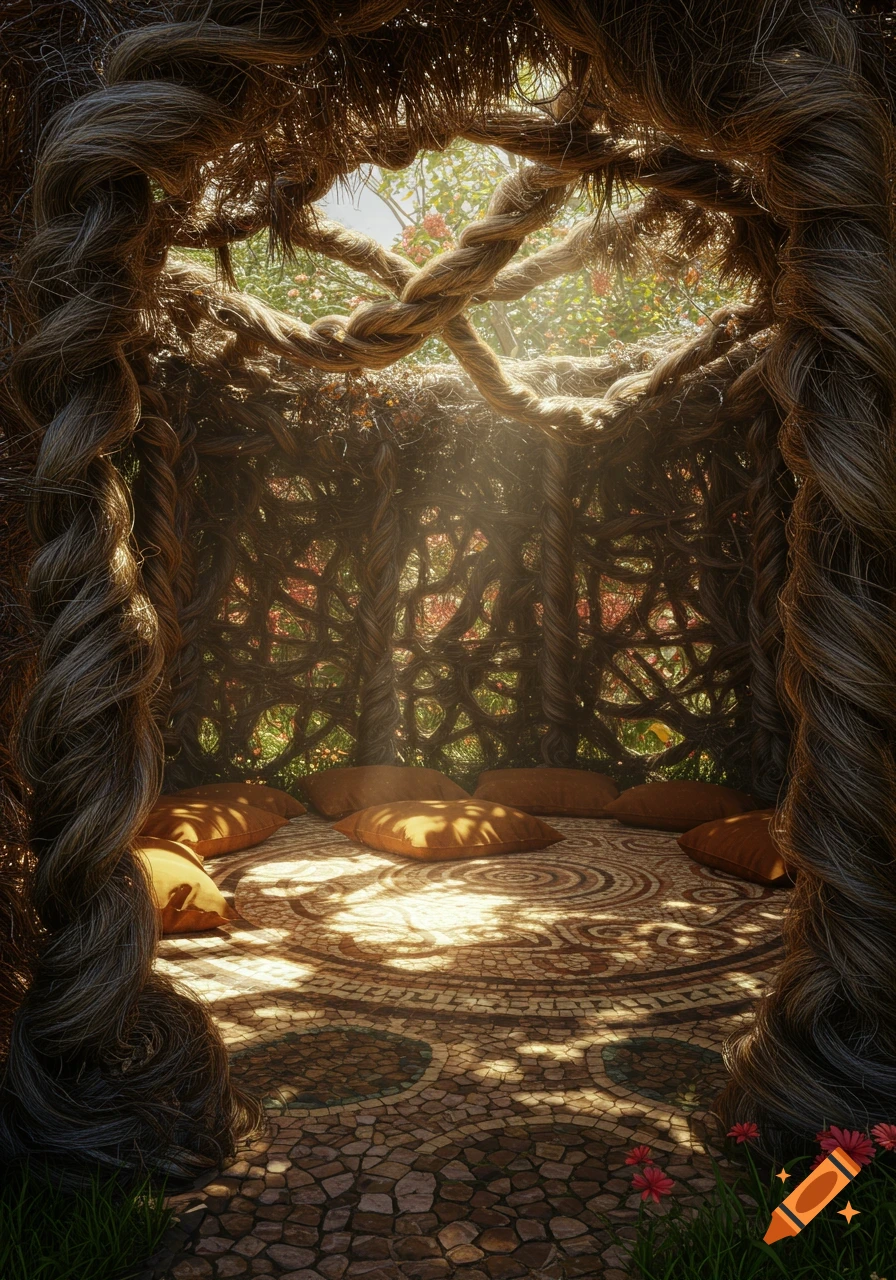 Sunlight filters into a cozy hut made of intertwined thick vines, with warm brown pillows on a patterned mosaic floor.