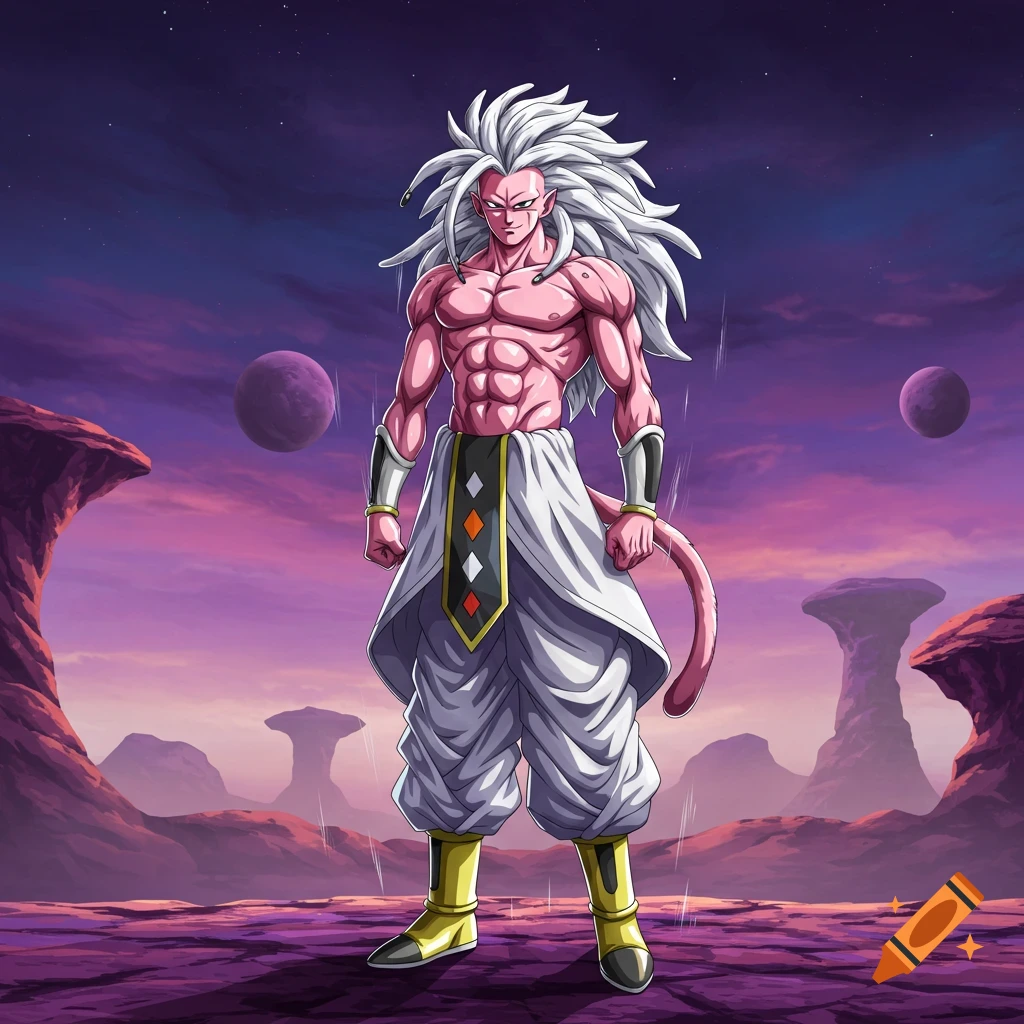 A muscular anime character with pink skin, white dreadlocks, and white clothes with gold accents stands on a purple alien landscape.