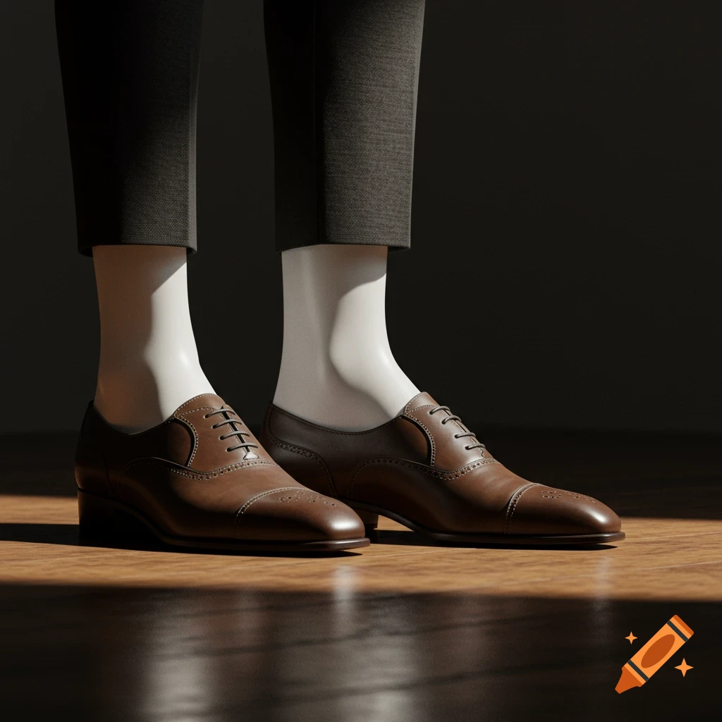 Close-up of a mannequin's legs wearing dark pants and highly detailed brown leather oxford shoes on a polished wooden floor.
