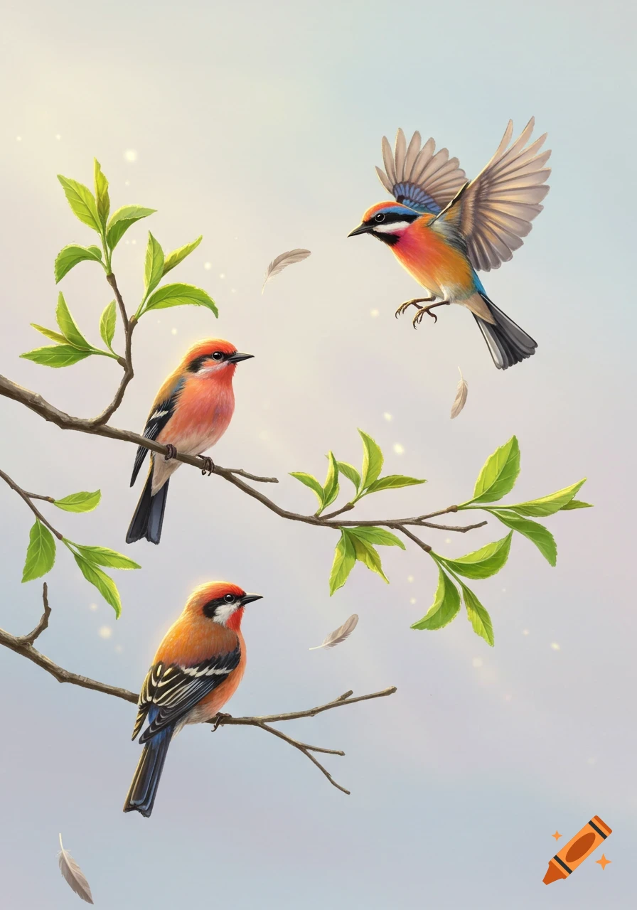 Three vibrantly colored birds, two perched on a leafy branch and one flying towards it, against a soft sky in an illustrative style.