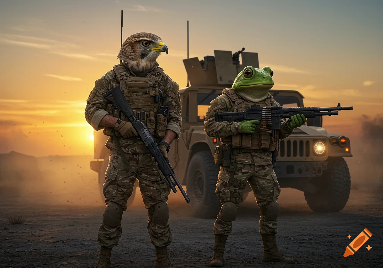 Two anthropomorphic soldiers, a hawk with a shotgun and a frog with a machine gun, stand before a Humvee at sunset in a desert.