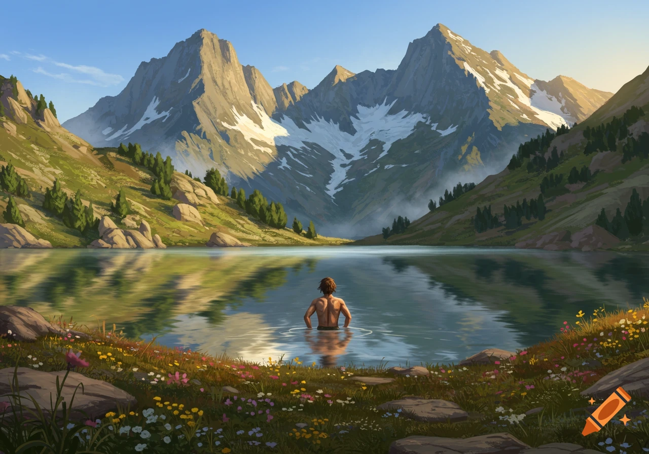 A person bathes in a calm mountain lake, surrounded by majestic snow-capped peaks and green slopes, with a foreground of colorful wildflowers.
