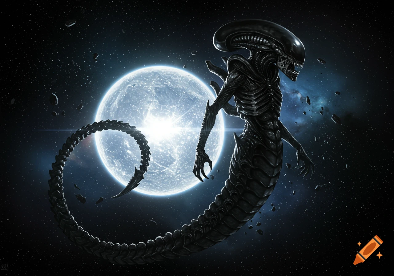 A dark, skeletal Xenomorph alien with a long segmented tail stands against a bright, large moon in a star-filled space with asteroids.