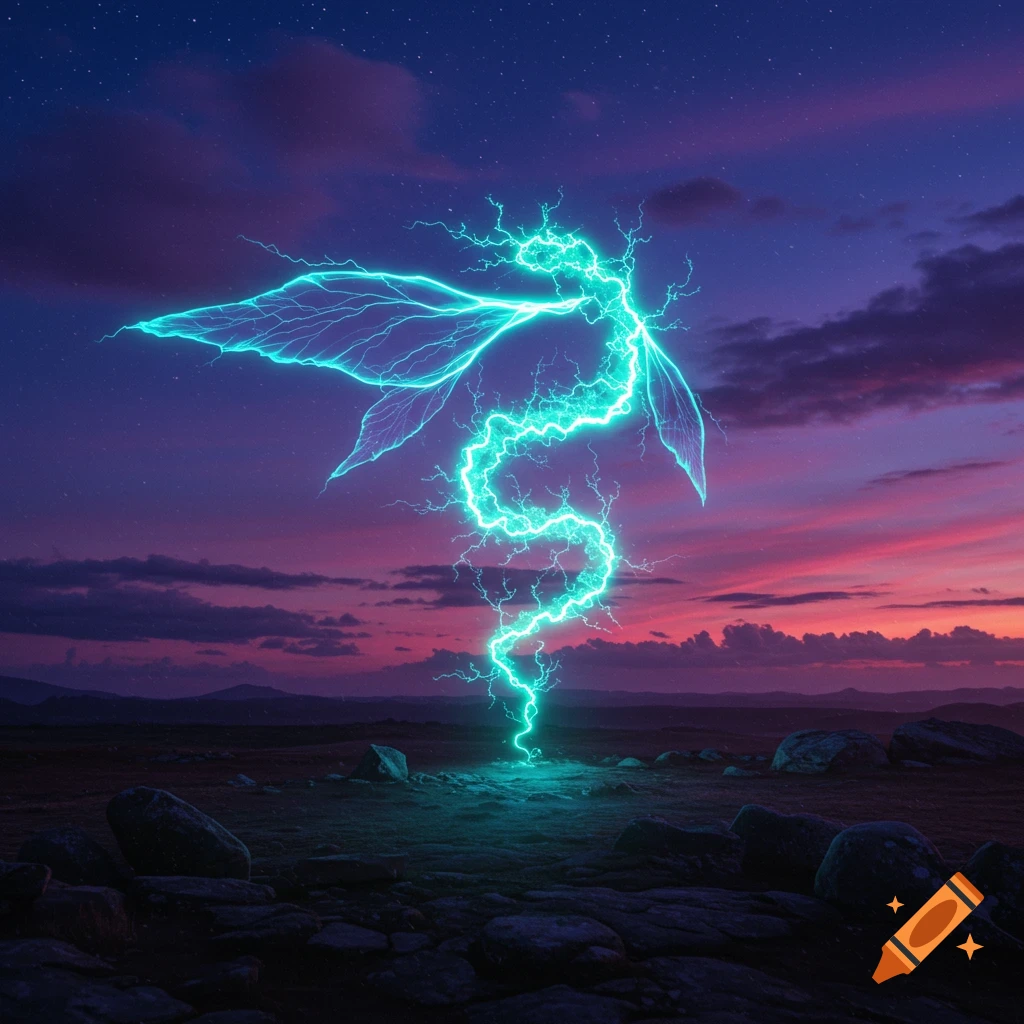 A vibrant, winged electrical creature illuminates a twilight landscape with a starry sky.