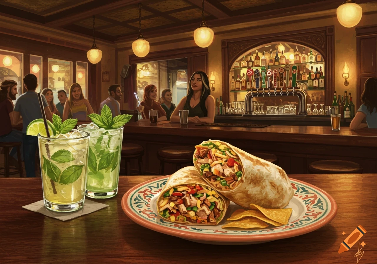 A vibrant digital painting of two mojitos and a plate of burritos and chips on a wooden bar in a bustling restaurant.