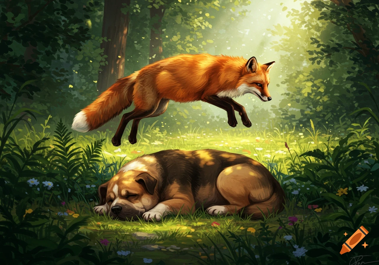 A vibrant orange fox jumps gracefully over a sleeping brown and white dog on a grassy forest floor, dappled with sunlight.