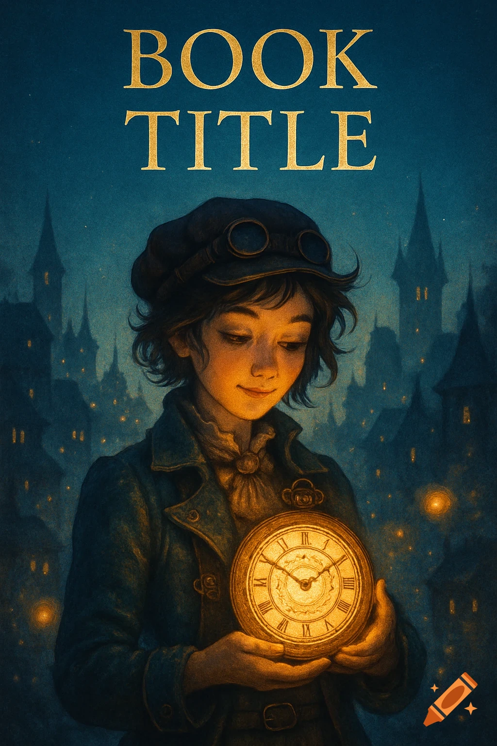 Steampunk illustration of a young clockmaker with goggles holding a glowing pocket watch, with a mysterious city in the background and 'BOOK TITLE' at the top.