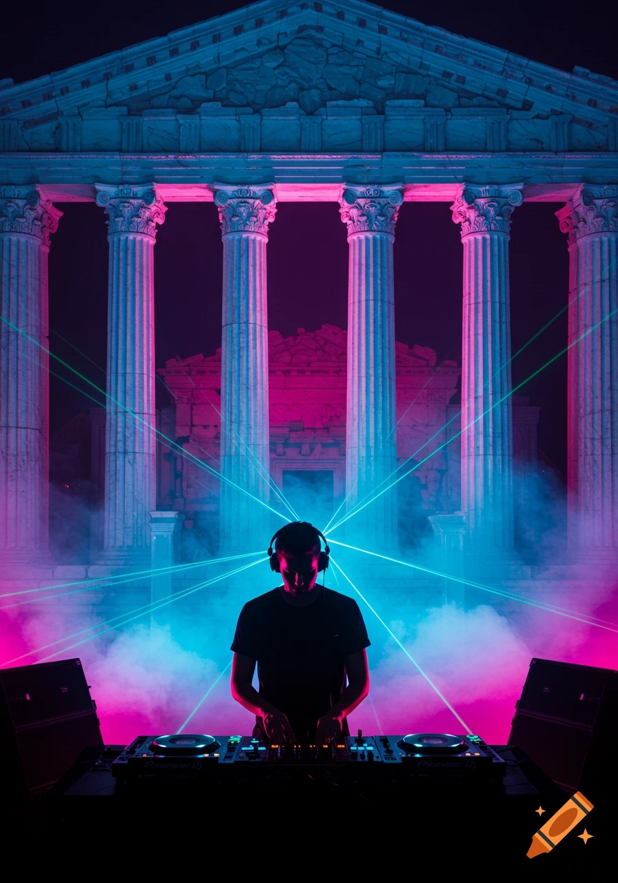 A DJ with headphones performs in front of ancient ruins, illuminated by vibrant pink and blue neon lights and green lasers amidst smoke.