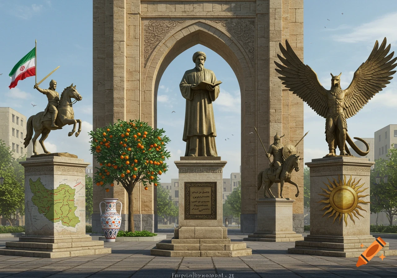 A grand plaza featuring several bronze statues, including a central scholar, a warrior with an Iranian flag, and a Simurgh, set against a large stone arch.