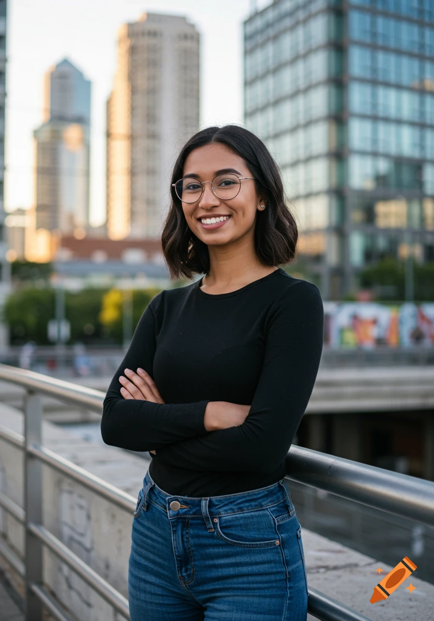 Smiling young woman with glasses, arms crossed, standing outdoors in front of city buildings.