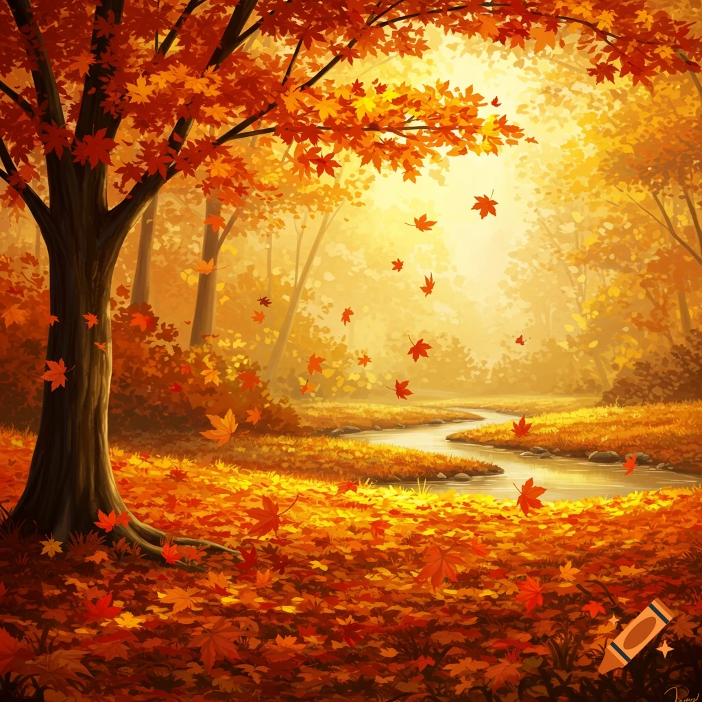 Vibrant illustration of an autumn forest with falling red and orange leaves, a winding stream, and golden light filtering through trees.