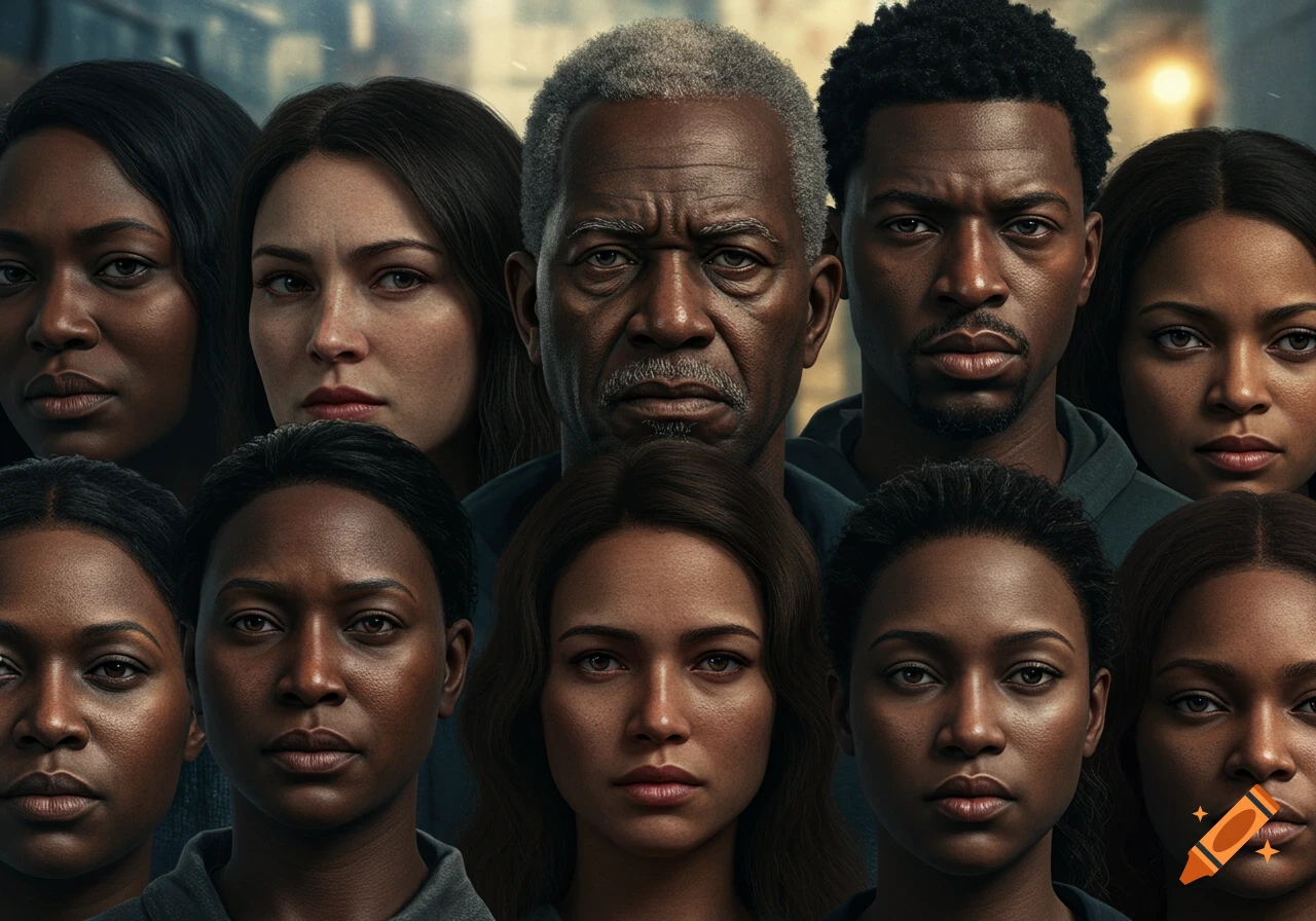 Photorealistic close-up of a diverse group of people with serious expressions, featuring varied ages and skin tones.