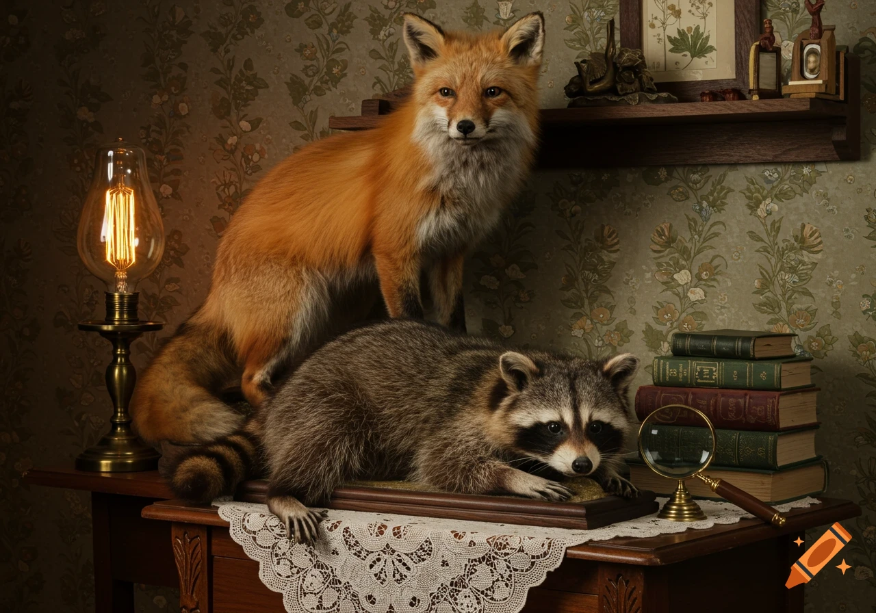 Photorealistic image of a taxidermy fox standing over a taxidermy raccoon on a wooden table with books, lamp, and magnifying glass.