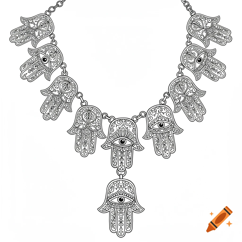 An outline drawing of a necklace featuring multiple Hamsa hand pendants with evil eye symbols.