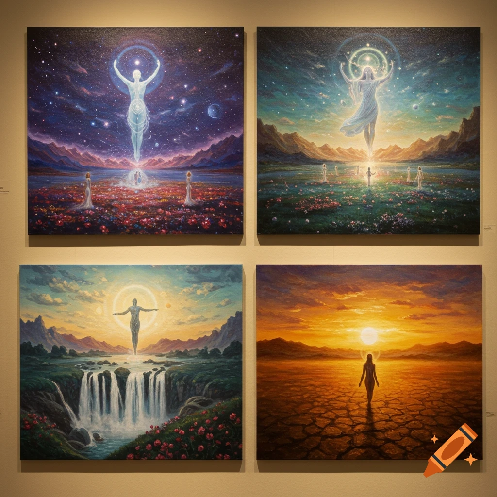 Four spiritual and fantasy paintings displayed on a wall, featuring glowing figures in diverse landscapes including cosmic skies, lush fields, waterfalls, and a cracked desert at sunset.