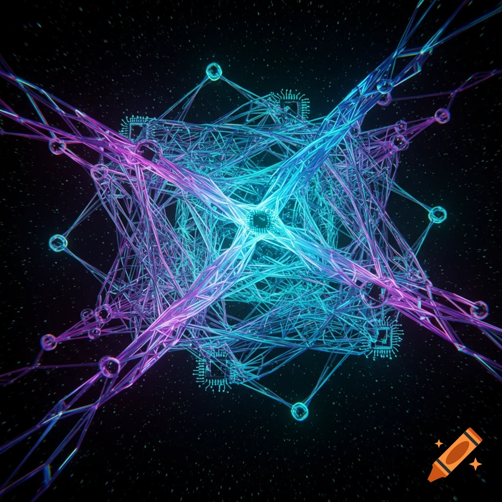 A glowing abstract network of interconnected blue and purple lines with circuit patterns against a dark, starry background.