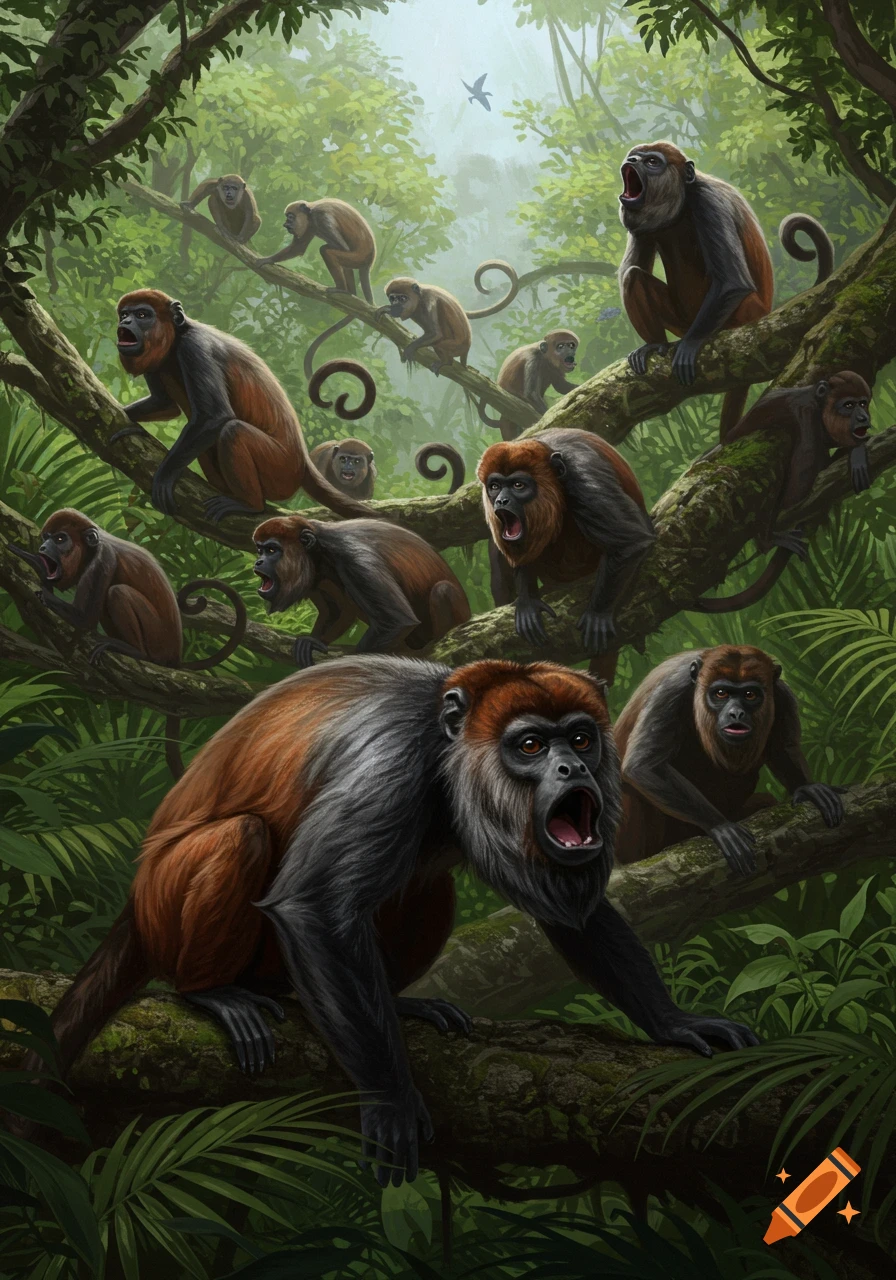 A group of howler monkeys with brown and gray fur are perched on thick, mossy branches in a lush, green jungle canopy. Many monkeys have their mouths open, appearing to howl.