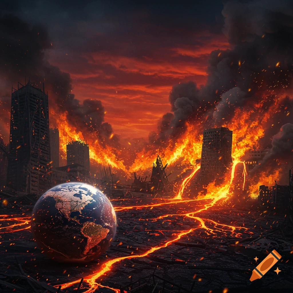 A desolate, burning planet Earth surrounded by ruined buildings and flowing lava under a fiery red and black sky.